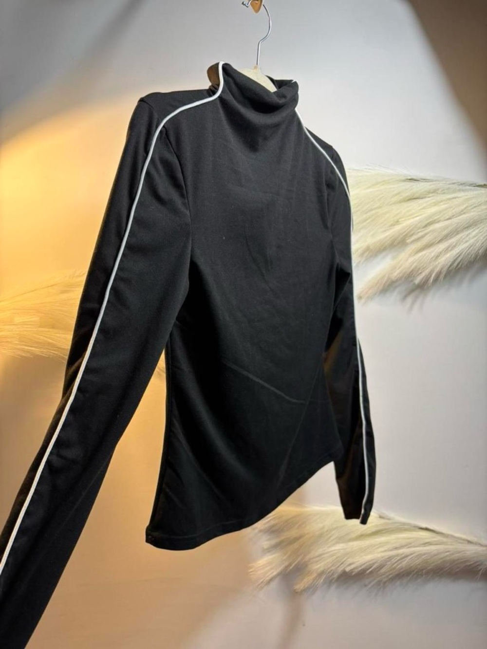 (#136b) Black Mock Neck Top with White Piping